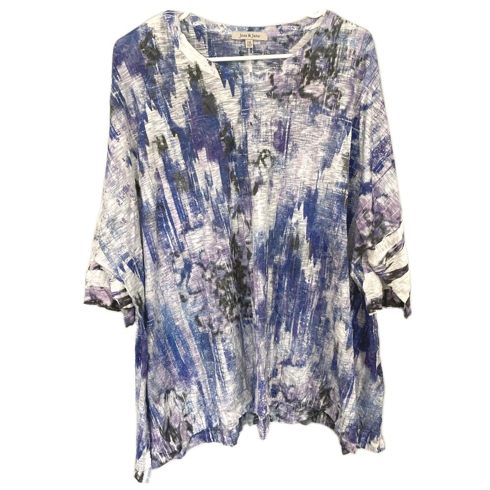 Jess & Jane Tunic Top Women 1X Multi Abstract Crushed 3/4 Sleeve Made USA